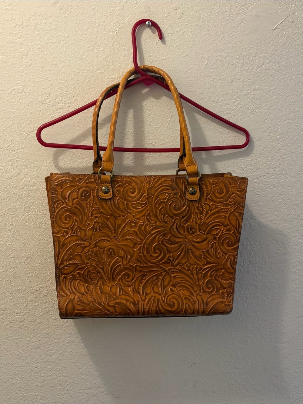 Women Patricia Nash Zancona Natural Tan Leather Floral Tooled Tote Shoulder Bag
